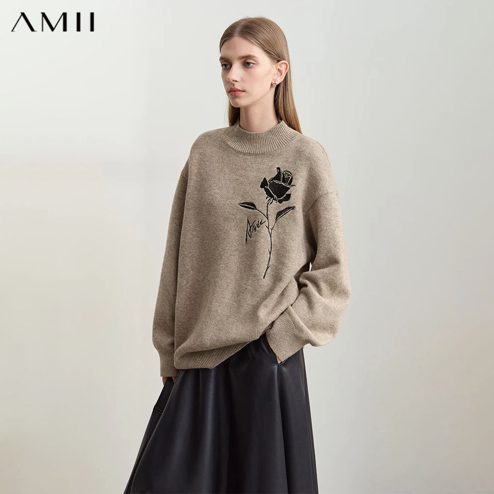 Embroidery Rose - Amii 스웨터 가을 겨울 여성 의류