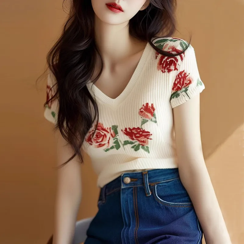 여성용 베이지 V넥 니트 탑 반팔 3D 장미 자수 캐주 - Embroidery Rose 리뷰 및 가격