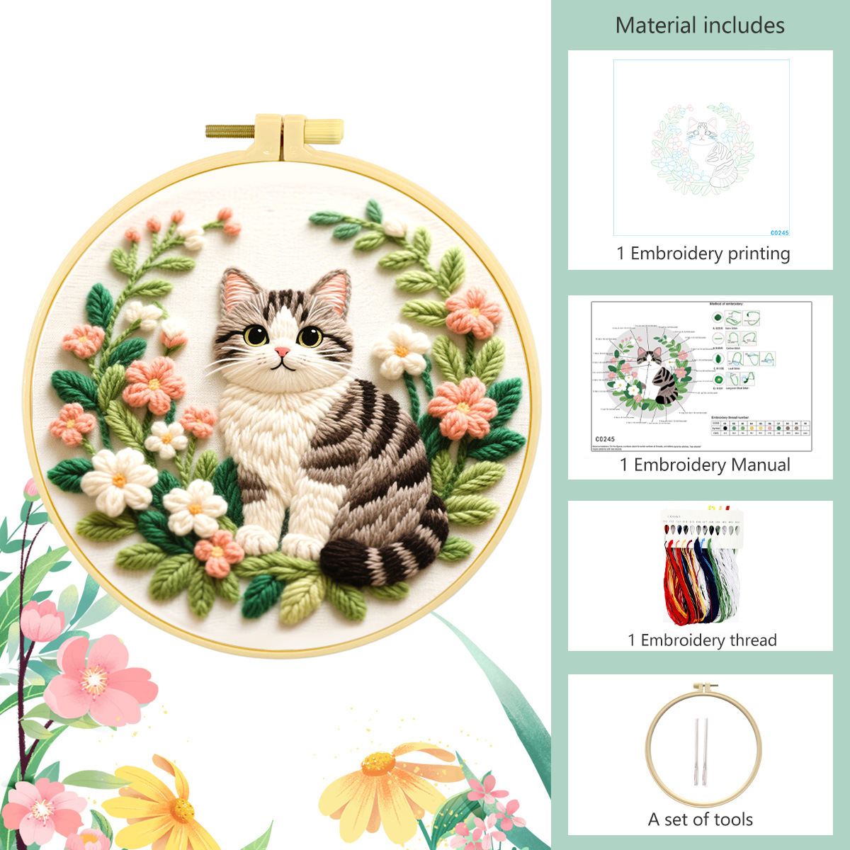 DIY 수공예 자수 세트, 회색 고양이와 꽃무늬, 고품 - Embroidery Meaning 리뷰 및 가격