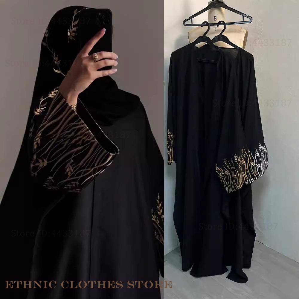 무슬림 여성 의류 우아한 검정 자수 아바야 롱 로브 두 - Embroidery Kebaya 리뷰 및 가격