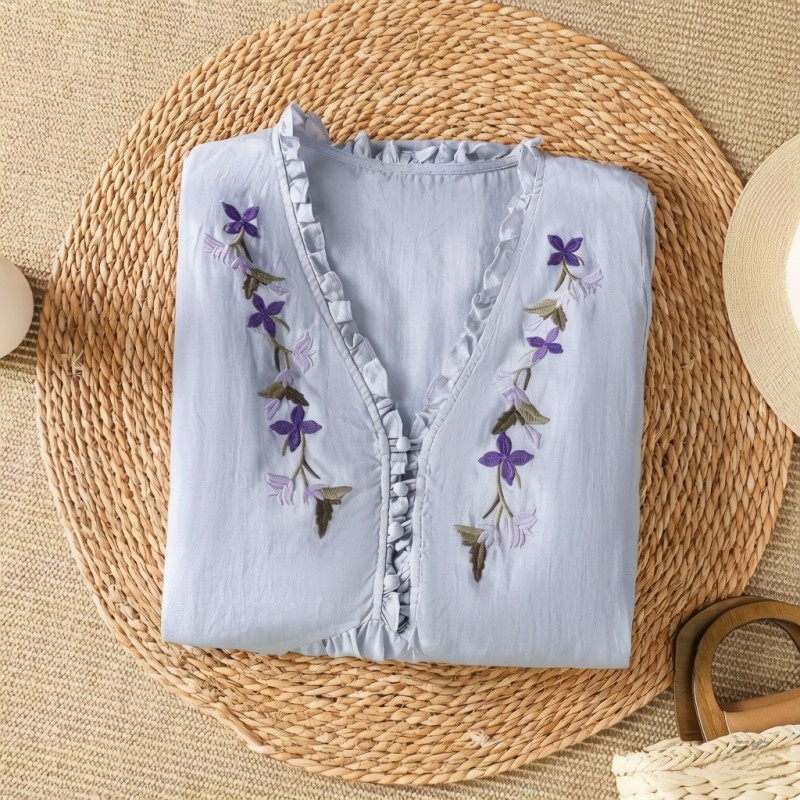 우아한 보라색 꽃자수 코튼 린넨 셔츠, 부드러운 주름  - Embroidery Cotton Shirt 리뷰 및 가격